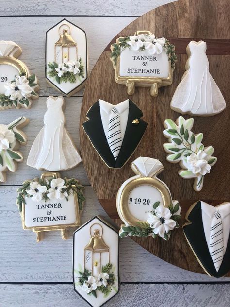 Decorated Wedding Cookies Simple, We Still Do Cookies, Greenery Wedding Cookies, Winter Wedding Cookies, Gold Lanterns Wedding, Cookies For Wedding Cookie Table, Wedding Cake Cookies Decorated, Wedding Cookies Ideas, Wedding Decorated Cookies