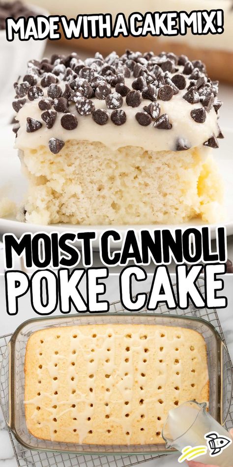 Our delicious cannoli poke cake has moist white cake filled with creamy ricotta-mascarpone frosting, topped with chocolate chips. Easy recipe that’s even better the next day! Poke Cake Recipes White Cake, Tres Leches Poke Cake Easy, Yellow Cake Poke Cake Recipes, Cinnamon Roll Poke Cake Recipe, Chocolate Poke Cake Recipes Easy, Jello Poke Cake Recipes Easy, Easy Cannoli Cake, White Poke Cake Recipes, Vanilla Poke Cake Recipes