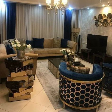 Royal Blue And Gold Living Room, Blue Curtains Living Room, Blue And Gold Living Room, Gold Living Room Decor, Gold Bedroom Decor, Navy Blue Living Room, Living Room Decor On A Budget, Gold Living, Frontal Lobe