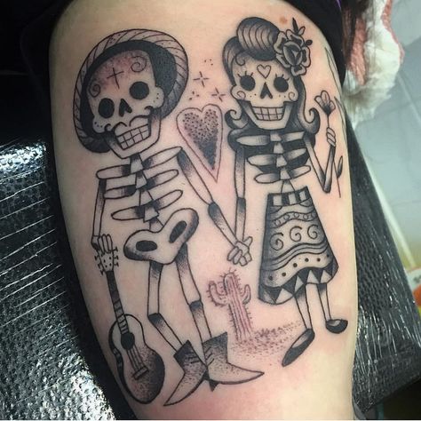 Mexican Couple Tattoo Ideas, Tattoos Mexican Culture, Skeleton And Lady Tattoo, Mexican Themed Tattoos, Tattoo Ideas Mexican, Day Of The Dead Tattoos, The Lovers Tattoo Design, Mexican Heritage Tattoos For Women, Dia De Los Muertos Tattoo Ideas Couple