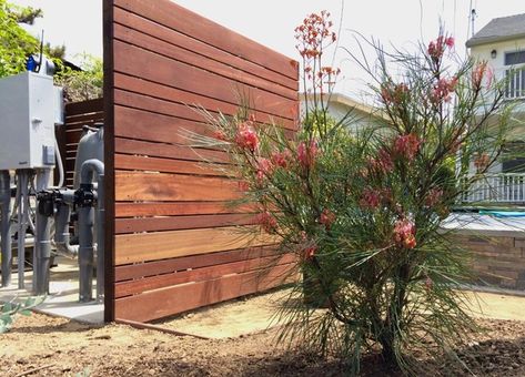 Pool Equipment Mangaris wood screen. - Contemporary - Los Angeles - by Outside InStyle | Houzz Hiding Pool Equipment, Hide Pool Equipment, Pool Equipment Cover, Fence Around Pool, Pool Equipment Enclosure, Round Spa, Ipe Deck, Hidden Pool, Contemporary Backyard