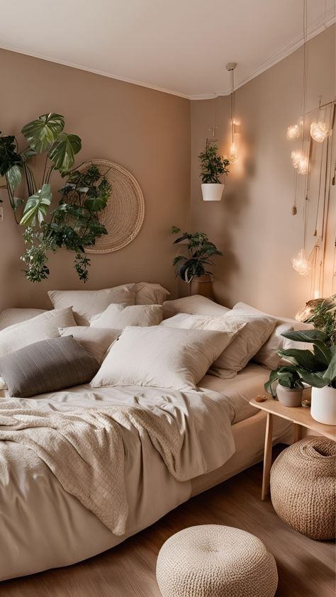 Neutral Room Inspo Aesthetic, Light Green And Tan Bedroom, Cottage Core Minimalist Bedroom, Rome Ideas, Industrial Bedroom Ideas, Earth Tone Bedroom, Brown Bedroom Decor, Cozy Bedroom Decor, Cozy Small Bedrooms