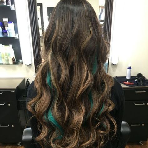 Turquoise Hair Color Highlights, Teal Streaks In Brown Hair, Brown And Teal Hair, Teal Peekaboo Highlights, Teal Highlights In Brown Hair, Teal Hair Streaks, Teal Hair Highlights, Blonde Brown Hair Color, Purple Hair Streaks