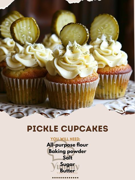 🥒🧁 Try unique Pickle Cupcakes for a tangy twist! 🧁🥒 #PickleLovers #UniqueDesserts Pickle Cupcakes Ingredients: All-purpose flour (1.5 cups) Baking powder (1 tsp) Salt (0.5 tsp) Sugar (1 cup) Butter (0.5 cup, softened) Eggs (2) Pickle juice (0.5 cup) Chopped pickles (0.25 cup) Cream cheese frosting (for topping) Pickle slices (for garnish) Instructions: Preheat oven to 350°F (175°C) and line a cupcake tin with liners. Whisk together flour, baking powder, and salt. Cream butter and sugar un... Pickle Cupcakes Recipe, Pickle Cupcakes, Best Pickles, Pickle Slices, Cream Butter, Cupcake Tins, Unique Desserts, Pickle Juice, Baking Flour