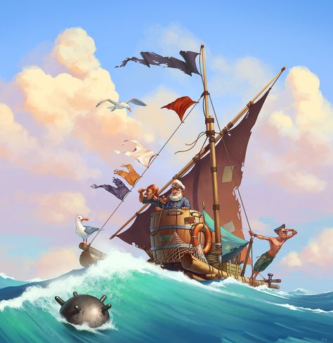 Survivors on Behance Cat Pirate, Pirate Illustration, Comfort Corner, Ship Ideas, Pirate Books, Ocean Illustration, Pirate Art, Cool Pixel Art, Game Background