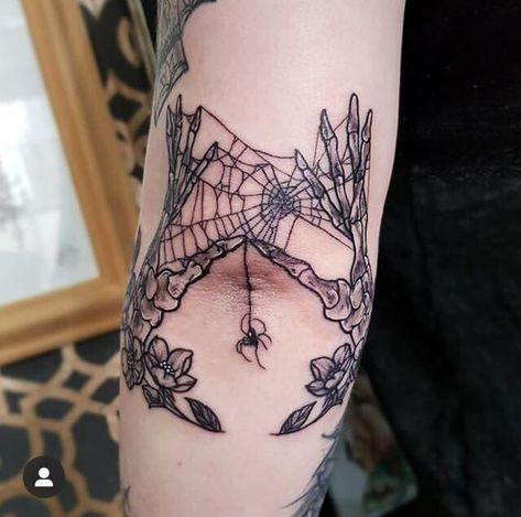 Botanical Spider Web Tattoo, Spooky Elbow Tattoos For Women, Mandala Spider Web Tattoo, Spooky Gap Filler Tattoo, Spooky Knee Tattoos Women, Creepy Knee Tattoos, Floral Spider Web Tattoo, Outer Elbow Tattoos For Women, Wine Glass Tattoo