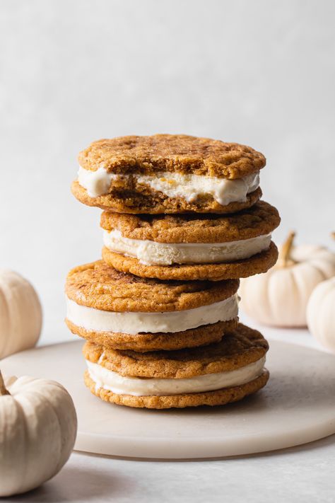 Pumpkin Snickerdoodle Ice Cream Sandwiches — Style Sweet Snickerdoodle Ice Cream, Sweet Cherry Pie, Pumpkin Snickerdoodles, Plain Cookies, Sugar Dough, Pumpkin Ice Cream, Thanksgiving Desserts Easy, Pumpkin Cake Recipes, Chewy Cookies