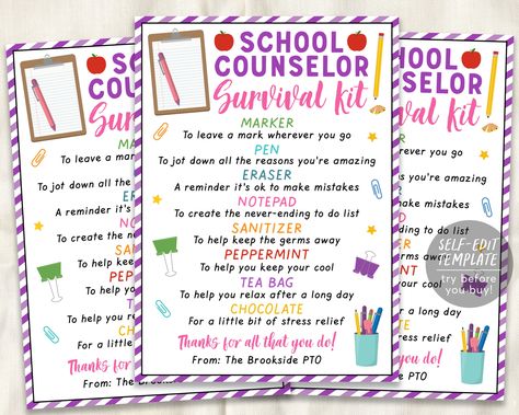 "School Counselor Survival Kit Editable Template  ➡️ MATCHING Collection here: www.etsy.com/shop/PuffPaperCo/items?search_query=schoolsurvivalkit01 THIS IS A TEMPLATE WHICH YOU CAN EDIT ON YOUR BROWSER- NO PHYSICAL PRODUCT WILL BE SHIPPED ❤️ EDITABLE TEMPLATE  - 3.25x4.5\"  - Edit immediately right from your browser - Personalize most text, fonts, & colors - Change size, placement, or delete elements completely - Upload your own logo or image ------------------------------------ ⭐️➡️ TRY THIS TEMPLATE BEFORE BUYING ⬅️⭐️ Copy + Paste this DEMO link into your browser:  https://templett.com/design/demo/puffpaperco/20395470,13860667 ------------------------------------ ❤️ HOW THIS WORKS 1. Purchase the template in this listing. 2. You will receive a link in your email from TEMPLETT (not Etsy). School Counselor Survival Kit, Counselor Gifts Appreciation, Guidance Counselor Appreciation Week, School Counselor Appreciation Week Ideas, School Counselor Gift Ideas, Social Worker Survival Kit, Counselor Survival Kit, School Counselor Week Gifts, Counselor Week Gifts