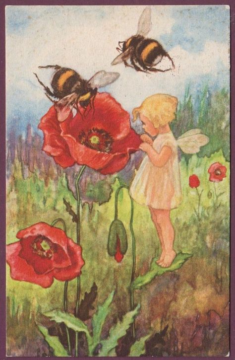 Fairy on Leaf, bees-looking in poppy. 1935 Poppy Fairy, Images Victoriennes, 동화 삽화, Fairy Illustration, Vintage Art Print, Vintage Fairies, Bee Art, Flower Fairies, Illustration Vintage