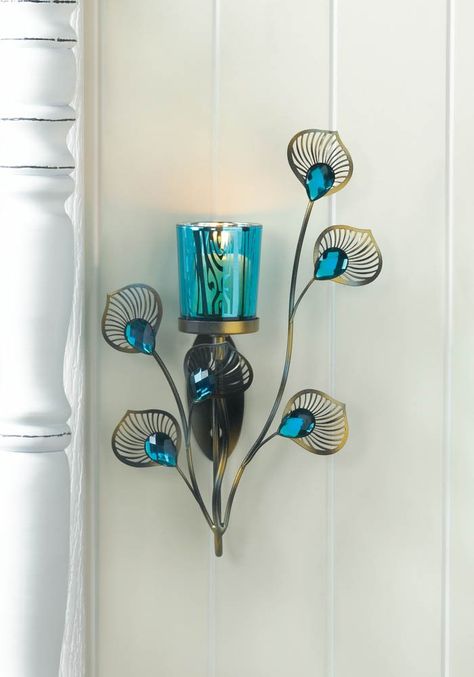 Turquoise Candles, Wall Scone, Gallery Shelves, Unique Candle Holders, Iron Wall Sconces, Peacock Decor, Garden Bathroom, Candle Wall, Single Candle