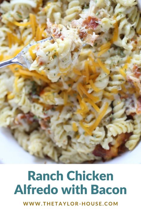 Chicken Bacon Ranch Alfredo Casserole, Chicken Bacon Ranch Dump And Bake Alfredo, Chicken Bacon Ranch Alfredo Pasta, Chicken Alfredo With Bacon, Bacon Chicken Recipes, Chicken Bacon Ranch Alfredo, Alfredo With Cream Cheese, Alfredo With Bacon, Jarred Alfredo Sauce