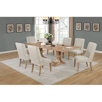 Features:2 x - 16" side leavesRustic FinishChairs Come w/ 2 Colors: Beige and GrayComes w/ 6 Side ChairsNumber of Items Included: 7Number of Benches Included: Number of Chairs Included: 6Upholstery Fill Material: Arms Included: NoBench Seating: NoUpholstered Bench: Leaf Storage Type: Removable LeafTable Shape: RectangularLeaf Included: YesNumber of Leaves: 2Table Top Material: Solid + Manufactured WoodTop Material Details: Top Manufactured Wood Type: MDFTop Wood Species: Table Base Material: Sol Rustic Dining Set, Tufted Chairs, Set Meja Makan, Dining Set With Bench, Furniture Classic, Beautiful Dining Rooms, 7 Piece Dining Set, Wood Rustic, Rectangular Dining Table