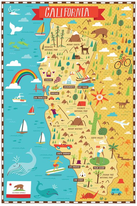 Illustrated of California — Nate Padavick Map Of California, Campus Map, Map Maker, Map Artwork, California History, California Wall Art, California Map, California Travel Road Trips, Joshua Tree National Park