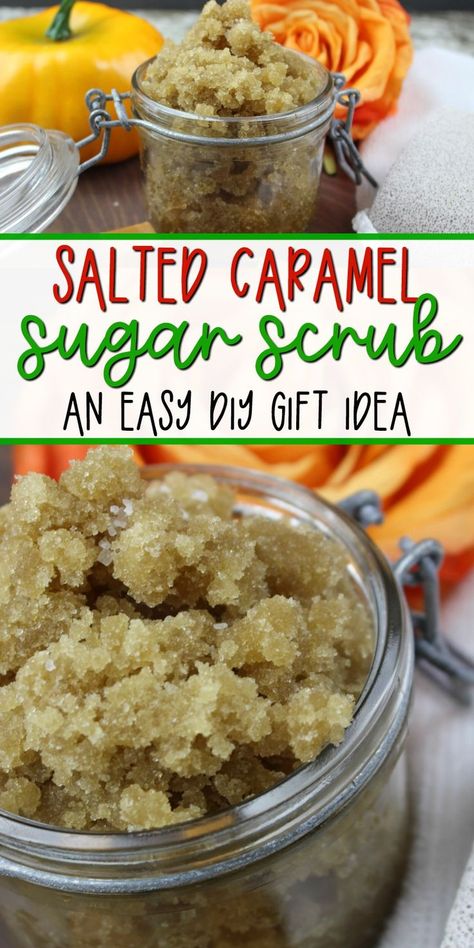 This DIY Salted Caramel Sugar Scrub is a super easy homemade beauty product that will make you feel pampered in no time!  It smells heavenly and makes a great gift!  #DIYgifts #DIYbeauty #homemadebeautyproducts #sugarscrub #DIY #easydiy Salted Caramel Candy, Body Scrub Homemade Recipes, Diy Body Scrub Recipes, Lip Scrub Homemade, Body Scrub Recipe, Sugar Scrub Homemade, Lip Balm Recipes, Homemade Lip Balm, Sugar Scrub Recipe