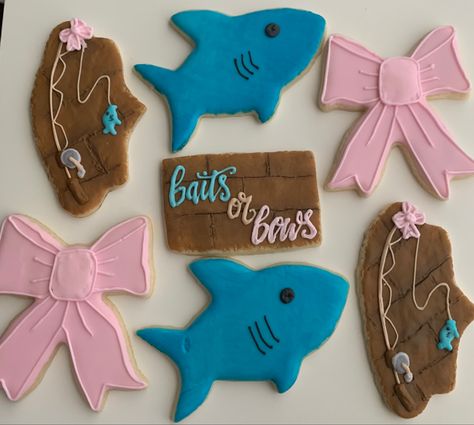 Fish He Or Fish She Gender Reveal Cookies, Baits Or Bows Gender Reveal Decorations, Bows Or Bobbers, Fishing Gender Reveal Cake, Baits And Bows Gender Reveal, Bait Or Bows Gender Reveal Ideas, Fish Gender Reveal Ideas, Gender Reveal Fishing Theme, Bobbers Or Bows Gender Reveal