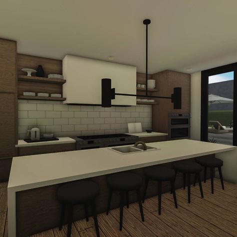 54 Best Bloxburg Kitchen Ideas Bloxburg Kitchen Layout Ideas, Modern Room Ideas Bloxburg, Bloxburg Dark Modern House, Kitchen Ideas Elegant, Modern Kitchen Bloxburg, Bloxburg Architecture, Bloxburg Kitchen Ideas Modern, Dark Modern Kitchen, Bloxburg Modern Kitchen