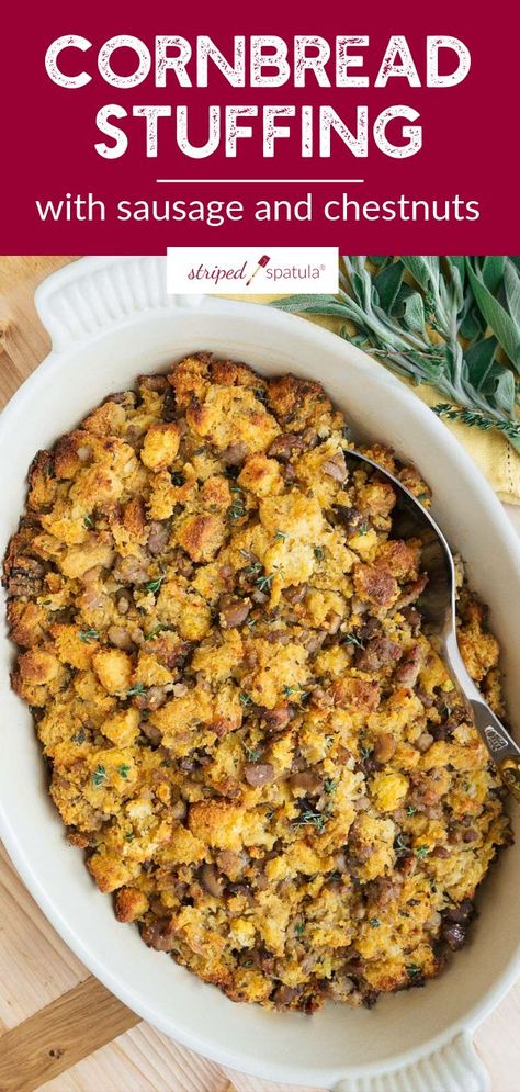 A Delicious Cornbread Stuffing Recipe with sausage, chestnuts, and a touch of apple cider, this Cornbread Stuffing is one of my family’s favorite holiday sides. #stuffingrecipes #holidays #sidedish Southern Stuffing, Cornbread Southern, Traditional Stuffing Recipe, Christmas Crock, Homemade Stuffing Recipes, Traditional Stuffing, Easy Stuffing Recipe, Cornbread Stuffing Recipes, Vegetarian Stuffing