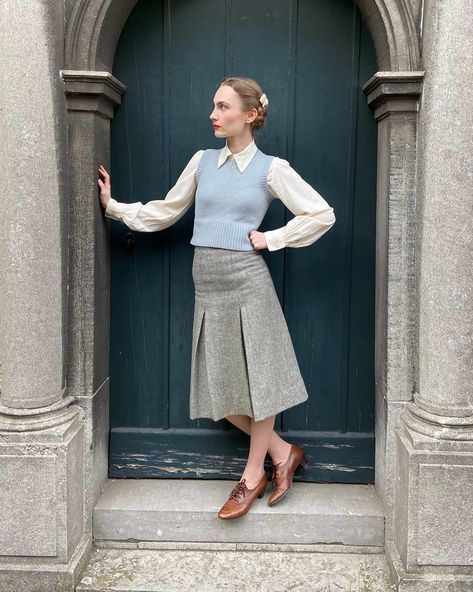 Couldn’t find a 1940s skirt in my size so yesterday I took apart an old woollen skirt from the 70s and fashioned myself the 40s skirt of my… | Instagram 1940s Skirt, 40s Skirt, Skirt And Vest, 1940s Outfits, Teaching Outfits, The 40s, 40s Fashion, Wardrobe Outfits, April 27