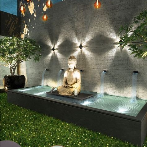 Buddha Home Decor, Water Fountain Design, Taman Air, Curtains Bathroom, Buddha Garden, Zen Garden Design, Buddha Decor, Terrace Garden Design, Rooftop Terrace Design