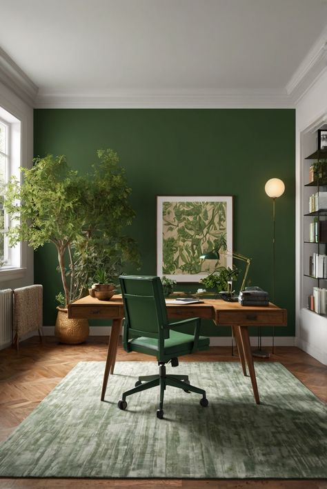 Discover why Kale Green (SW 6460) is the top paint choice for garden-inspired offices in 2024. Explore daily routines of interior designers adding lush greenery for a vibrant workspace. #Ad #homedecor #homedesign #trendgirlApartment #Painthome #interiorarchitecture Wall Colors Green Room Colors
Bright Room office Colors
Apartment Renovation
Home office Remodeling
Modern Paint Colors
2024 Olive Green Home Office Ideas, Bright Green Office, Office Painting Ideas For Walls, Green Wallpaper Office, Green Office Interior Design, Home Office Colourful, Green And Brown Office, Green Office Room, Office Room Colors