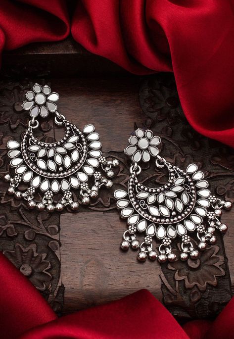 Silver Chandbali Earrings, Earrings Silver Indian, Chandbali Earrings Silver, Mirror Jhumka Earrings, Oxidised Mirror Earrings, Oxidised Earrings Jhumkas, Silver Oxidised Jewellery Indian, Oxidise Earrings, Oxidised Jewellery With Kurti