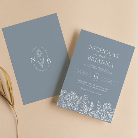 Dusty Blue Minimalist Wildflower Wedding Monogram Invitation Minimal Modern Wedding, Modern Wedding Details, Wedding Minimalist, Modern Classic Wedding Invitations, Monogram Invitation, Minimalist Invitation, Blue Minimalist, Classic Invitation, Dusty Blue Wedding