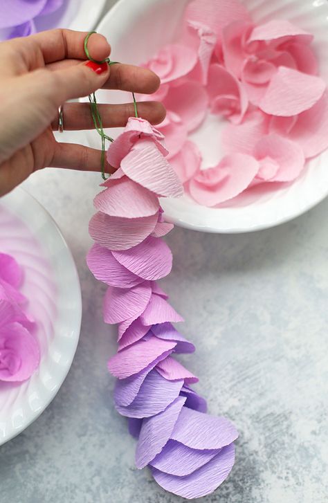 How to Make Paper Wisteria - The easiest spring decoration or Easter decoration, or the sweetest nursery decor. (So easy and inexpensive!) // Crepe Paper Wisteria // Paper Flowers // Easy DIY #paperflower #papercraft #spring Paper Wisteria, Săpunuri Handmade, How To Make Crepe, Diy Flores, Crepe Paper Flowers, Tissue Paper Flowers, Paper Flowers Craft, Easter Decorations Diy Easy, Paper Flowers Diy