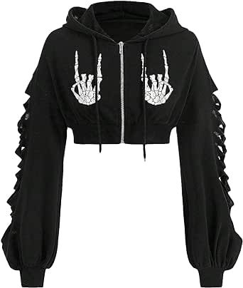 Super Cropped Hoodie, Punk Hoodie, Punk Style Outfits, Black Long Sleeve Crop Top, Shirt Design Inspiration, Skeleton Print, Quick Outfits, Vibe Clothes, Drawstring Hoodie