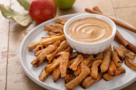 Air Fryer Apple Fries with Caramel Cream Dip Air Fried Apple Wedges With Caramel Whipped Cream Dipping Sauce, Apple Fries With Caramel Cream Dip, Air Fryer Apple Fries, Apple Fries, Wedge Fries, Caramel Dipping Sauce, Fried Apple, Cream Dip, Caramel Dip