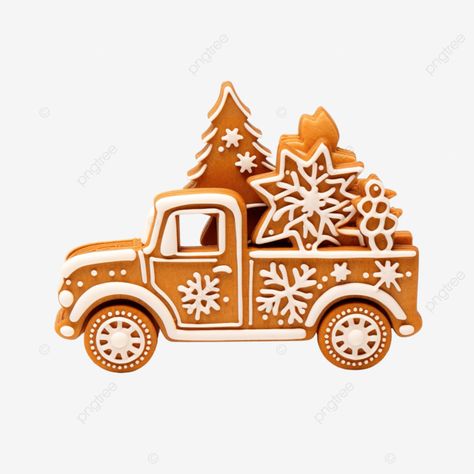 wooden toy truck is lucky for christmas gingerbread in form of christmas trees and snowflakes food Gingerbread Truck Ideas, Gingerbread City, Gingerbread Truck, Christmas Truck With Tree, Christmas Tree Gingerbread, Gingerbread Tree, Car Food, Window Mural, Wooden Toy Trucks