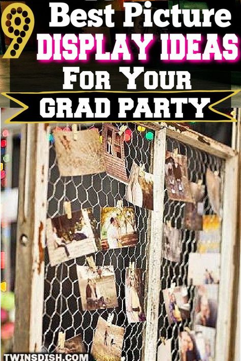 Vintage Graduation Party Decorations, Graduation Party Picture Ideas Display, Ways To Display Photos At A Party, Display Pictures At Graduation Party, Grad Party Ideas Cheap, Masculine Graduation Centerpieces, Boys Grad Party Decor, Senior Display Table Ideas For Sports, Graduation Party Pictures Display