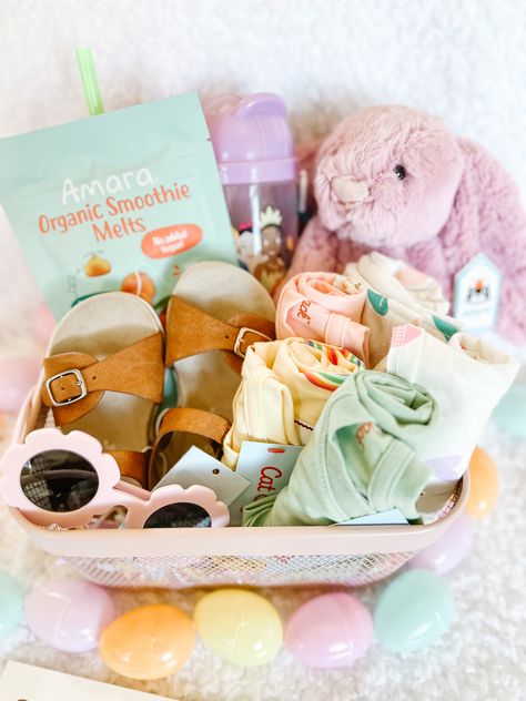 Making Easter Baskets, Toddler Easter Basket Ideas, Toddler Easter Basket, Simple Easter Baskets, Yogurt Melts, Organic Smoothies, Easter Baskets To Make, Target Shorts, Girls Easter Basket