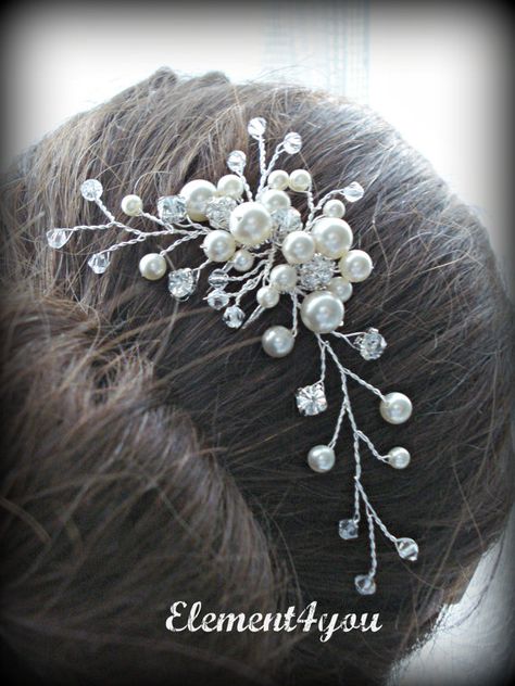 Bridal Hair Pin , swarovski ivory peals rhinestone accent crystals hair vines Bridesmaid Hair Comb, Bridal Hair Pin, Crystal Hair Vine, Bead Hair Accessories, Antique Silver Rings, Hair Adornments, Bridal Comb, Green Pearls, Ring Antique