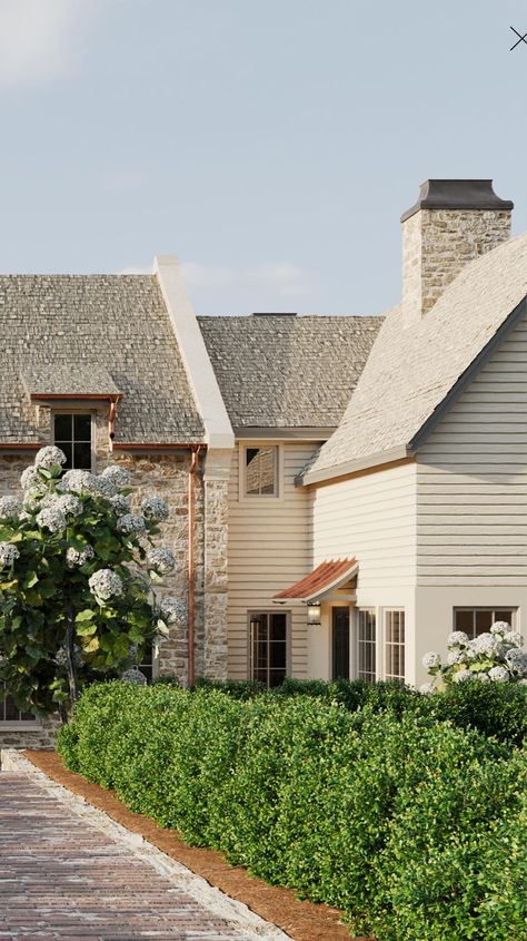 Stone And Hardy Plank Exterior, White House With Rock, White House Wood Accents Exterior, Hampton Exterior, Cozy Beach House, Country Home Exterior, New England Farmhouse, Painted Decor, Homestead House