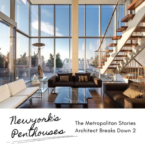 Penthouses, in New York, were originally built for servants. Before the 1920s, New York City rooftop was nothing morehttps://www.themetropolitanstories.com/post/architect-breaks-down-2-newyork-s-penthouses-bobby-axelrod-s-house-in-billions than shapeless hovels. Pipes, cables, Chimneys... It was cold During the Winter, hot during the summer.  But the servants should have been dealing with that up because it was home for them. In fact, they are the residents of the city’s first penthouses. Penthouse Aesthetic, Manhattan Penthouse, Loft Penthouse, Nyc Penthouse, New York Penthouse, Manhattan Apartment, Real Estate Photographer, Architecture Model Making, Modern Staircase