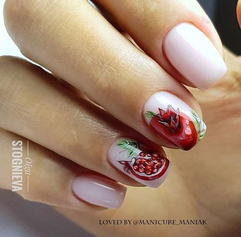 Pomegranate Nails Design, Fig Nail Art, Yalda Night Nail Design, Rosh Hashana Nails, Yalda Nail Design, Pomegranate Nail Art, Yalda Nail, Pomegranate Nails, Animation Nails