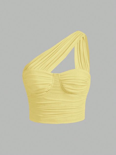 SHEIN MOD One Shoulder Ruched Bustier Crop TopI discovered amazing products on SHEIN.com, come check them out! Light Yellow Clothes, Yellow Wishlist, Yellow Summer Top, Tube Top Outfits, Spirit Week Outfits, Yellow Clothes, Band Outfits, Yellow Tops, Yellow Crop Top