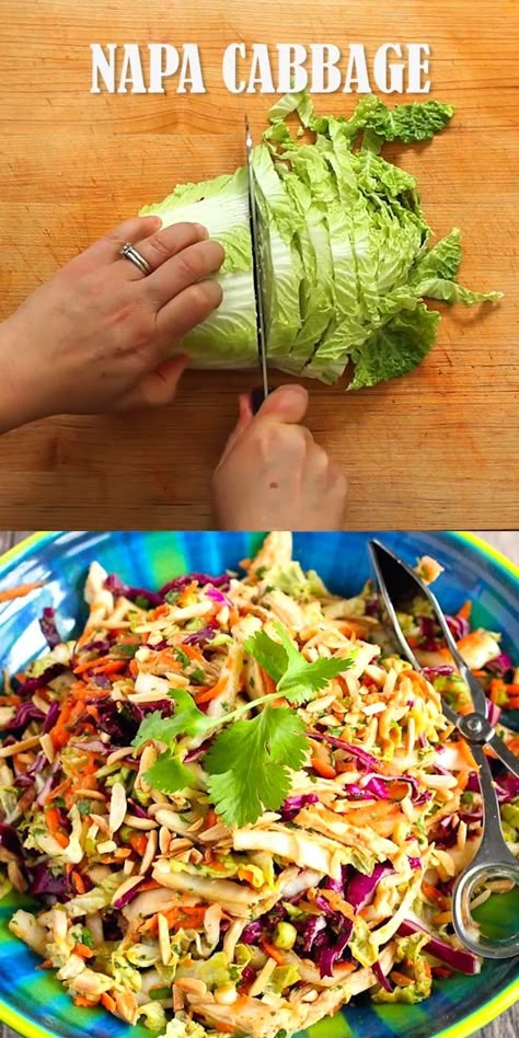 cabbage salad كريم بروليه, Salad Macaroni, Thai Chicken Salad, Salad Kale, Chicken Food Recipes, Chicken Salad Recipe Easy, Resep Salad, Diner Recept, Napa Cabbage