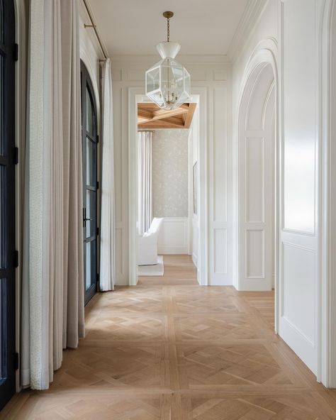 The touches of warmth continue! We strategically placed honey-toned Versailles patterned wood floors to add a touch of warmth but also… | Instagram Black French Doors, Designers Portfolio, Floor Pattern Design, Wood Floor Pattern, Floor Tiles Design, Kate Marker Interiors, Entryway Style, Versailles Pattern, Wood Parquet Flooring