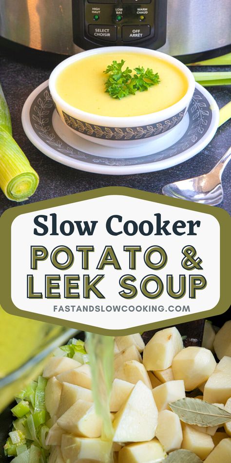 Potatoe Leek Soup Recipe, Slow Cooker Potato Leek Soup, Mushroom Leek Soup, Creamy Potato Leek Soup, Slow Cooker Potato, Leeks Soup Recipes, Potatoes Chicken, Slow Cooker Potato Soup, Slow Cooker Potatoes