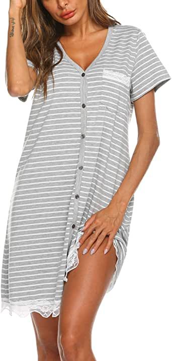 Ekouaer Women's Nightgown Striped Tee Short Sleeve Sleep Nightshirt Breastfeeding Loungewear Button Down Pajama Dress #affiliate Button Down Sleep Shirt, Nightgown Pattern, Nursing Nightgown, Pajama Dress, Women's Nightgowns, Nightgowns For Women, Sleep Dress, Womens Casual, Nightgowns