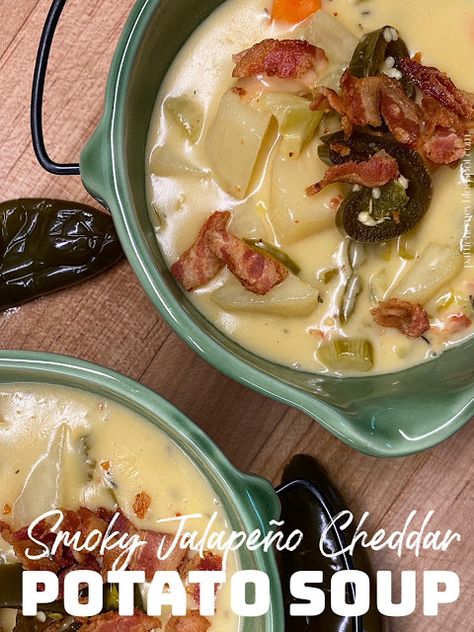 Smoky Jalapeno Cheddar Potato Soup, Cheddar Potato Soup, Cheddar Potatoes, Pickled Jalapeño, Cup Of Soup, Jalapeno Cheddar, Thick Cut Bacon, White Cheddar Cheese, Potato Soup Recipe