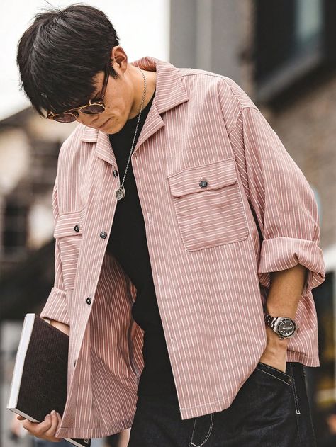 Rosa vieja Casual Collar manga larga Tela A rayas Camisa Embellished No-Elástico Pattern Shirt Outfit, Oversized Shirt Men, Vintage Striped Shirt, Pink Striped Shirt, Striped Shirt Men, Shirt Outfit Men, Drop Shoulder Shirt, Mens Stripes, Men Shirts