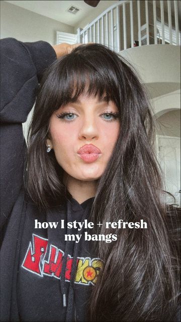 AUTUM RAIN on Instagram: "how I style and refresh my bangs 🎀 i’ll usually do this in between washes to bring some life back into them :) #hairtutorial #hairbangs #fringebangs #hairstyletutorial" How To Train Bangs Forward, How To Straighten Your Bangs, Styling Bangs Without Heat, How To Set Bangs, How To Train Your Bangs, How To Dry Bangs, How To Style Grown Out Bangs, How To Fix Bangs, Hats With Bangs