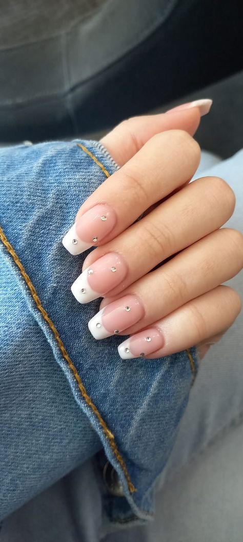 French Tip Acrylic Nails With Rhinestone Square, French Nails With Rhinestones, Sabrina Nails, French Tip With Rhinestones, Reverse French Nails, Quince Nails, Nails With Rhinestones, Pink French Nails, Teen Nails