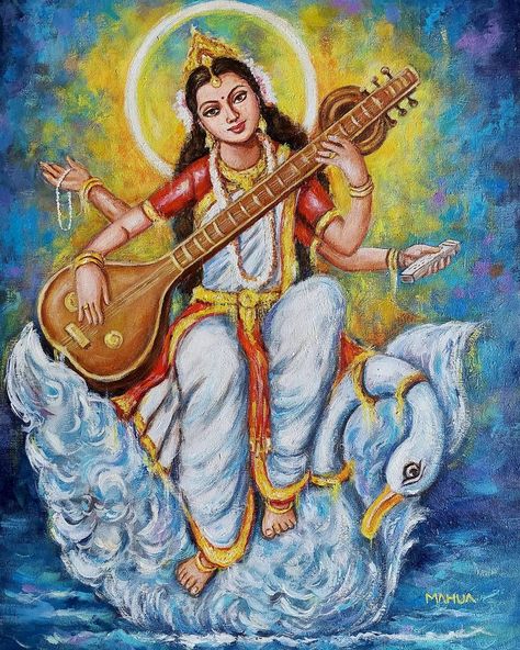 Mata Saraswati, Painting Goddess, Saraswati Painting, Happy Vasant Panchami, Maa Saraswati, Vasant Panchami, Saraswati Puja, Rama Krishna, Saraswati Devi