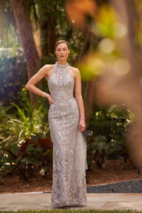 Capture chic sophistication with the Spring 2021 collection from Cameron Blake featuring mother of the bride dresses with lace, high necklines and sleeves. Style 220645 Mob Gowns, High Neck Gown, Lace Long Gown, Cameron Blake, Fit And Flare Gown, Special Occasion Gowns, Mother Of The Bride Dresses Long, Cocktail Dresses Online, Bride Outfits