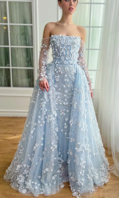 Imgur: The magic of the Internet Baby Blue Engagement Dress, Ethereal Dress Blue, Teuta Matoshi Blue, Teuta Matoshi Wedding Dress, Blue Gowns Elegant, Baby Blue Wedding Dress, Blue Floral Dress Outfit, Baby Blue Formal Dress, Pale Blue Wedding Dress