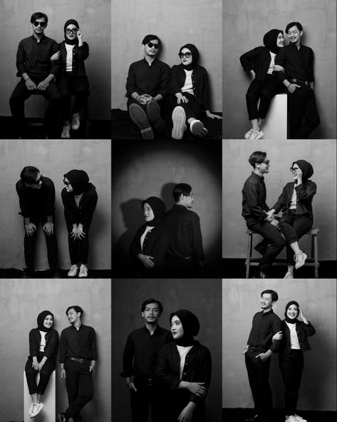 Couple Photo Studio Ideas Casual, Ootd Photoshoot Studio, Self Studio Couple Pose, Self Portrait Photography Couple, Studio Couple Photoshoot Ideas Creative, Couple Self Photo Studio Ideas, Photobox Couple Photo Ideas, Selfphoto Studio Ideas, Konsep Foto Prewed Studio