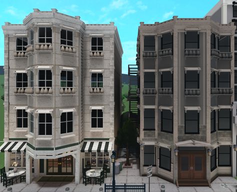 Apartment Inspiration Bloxburg Exterior, New York Buildings Bloxburg, Apartment Ideas Bloxburg Exterior, Cafe Apartment Exterior Bloxburg, Roblox Bloxburg Apartment Ideas Exterior, New York Bloxburg Apartment, Bloxburg Realistic City Ideas, Bloxburg Cities Layout, Cafe With House On Top